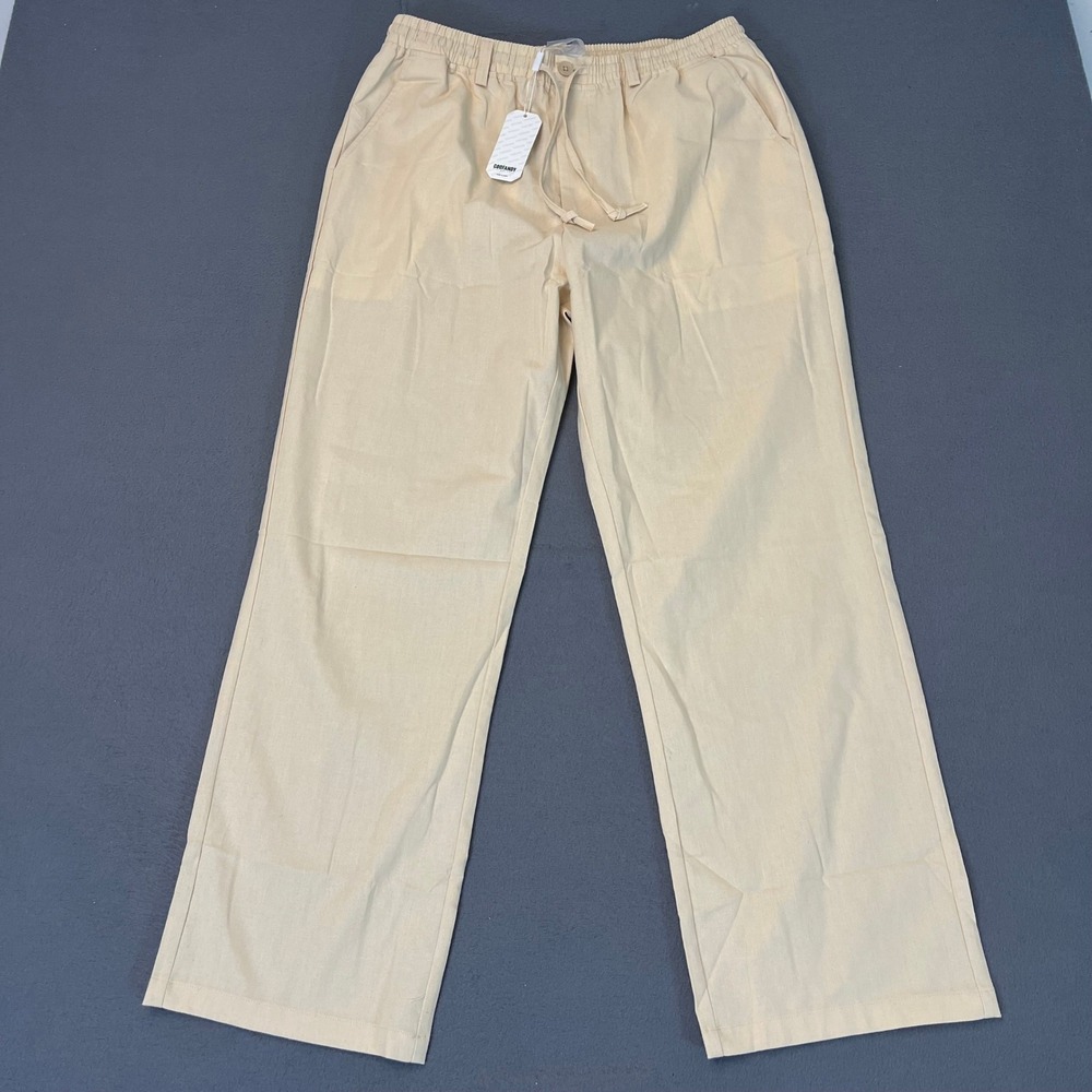 COOFANDY Womens Linen Blend‎ Drawstring Waist Casual Pants Khaki Size L Work NWT